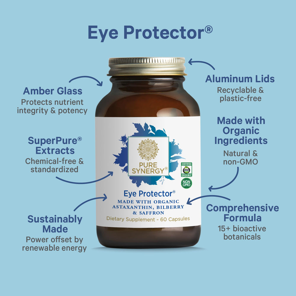 Pure Synergy Eye Protector label detail highlighting organic ingredients
