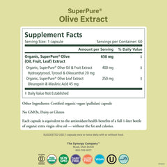 PURE SYNERGY olive leaf capsules closeup highlights organic quality for heart support.