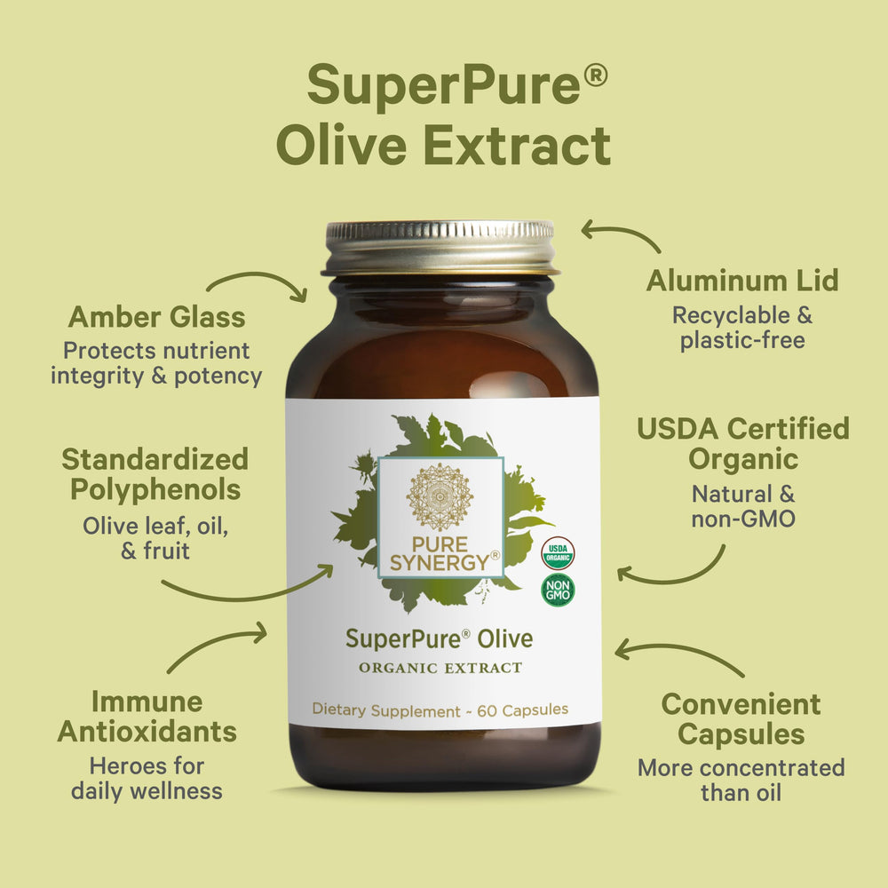 PURE SYNERGY olive oil full-spectrum visual emphasizes polyphenols for daily nutrition.