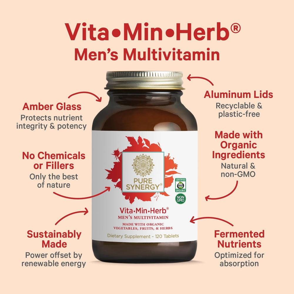 Pure Synergy organic ingredients label highlights non-GMO, vegan, gluten-free.