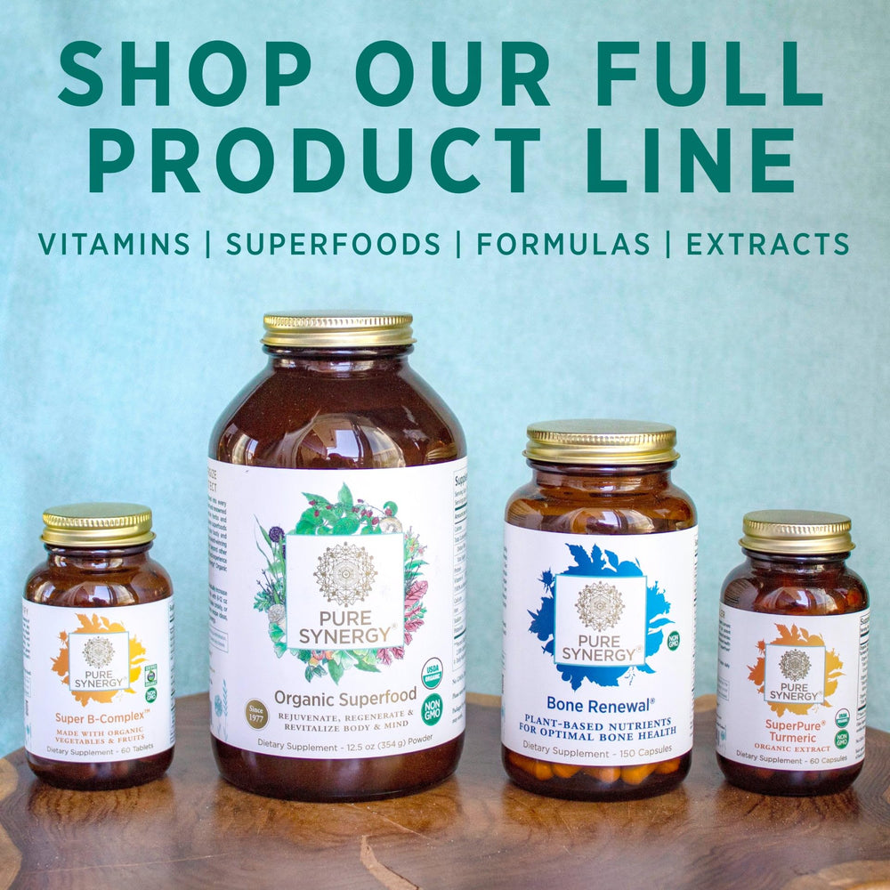 Pure Synergy packaging shows organic, vegan, and gluten-free badges.