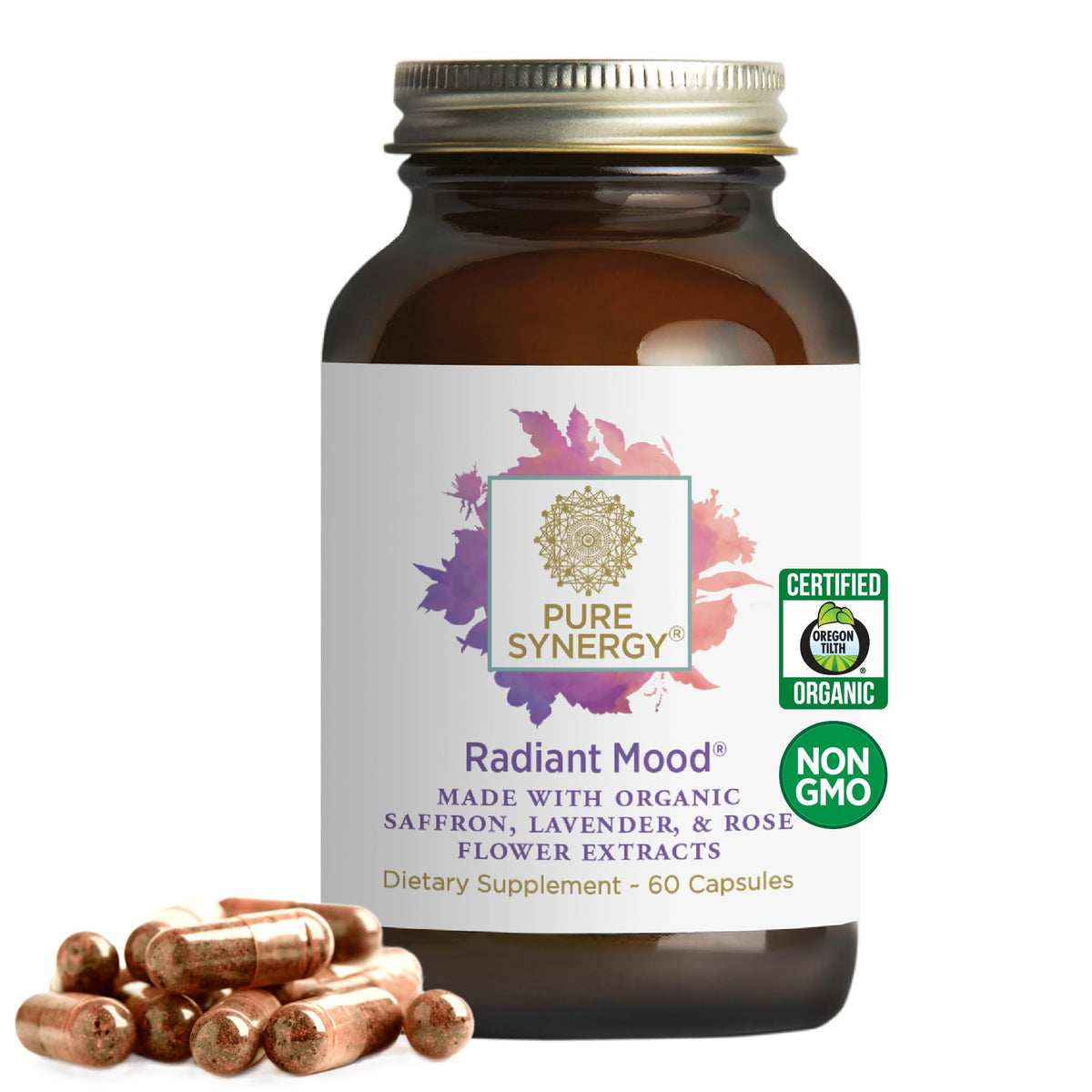 Pure Synergy Radiant Mood bottle with capsules suggesting mood balance.