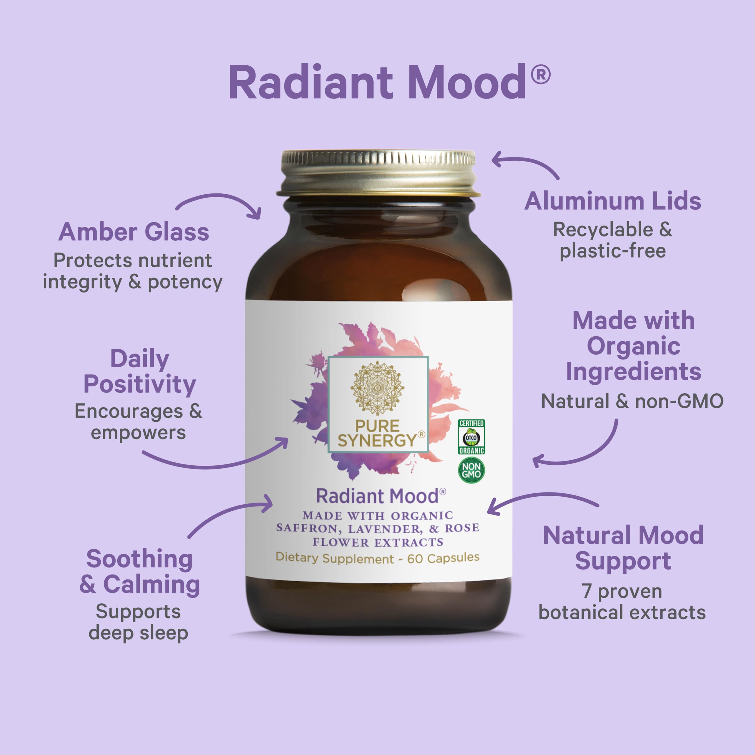 Pure Synergy Radiant Mood capsules with saffron threads indicating organic saffron.