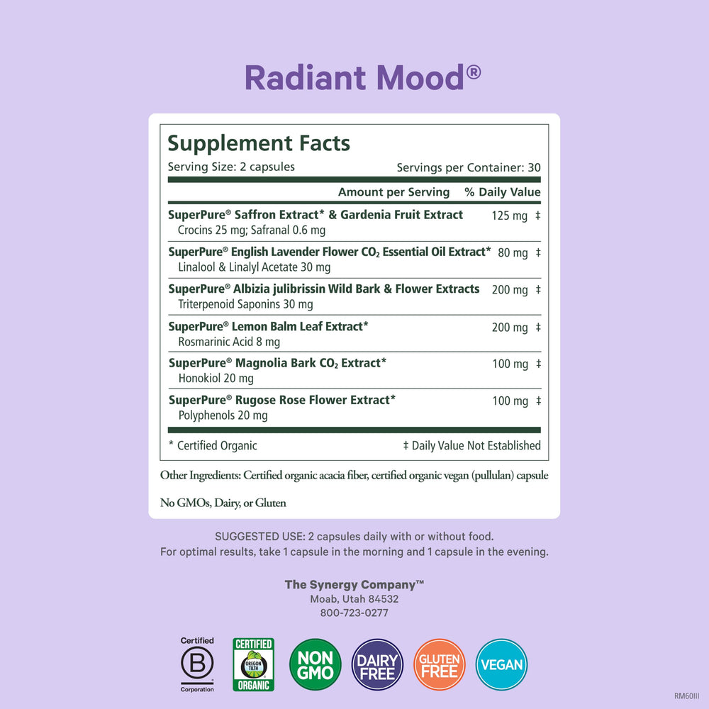 Pure Synergy Radiant Mood label close-up highlighting saffron extract.