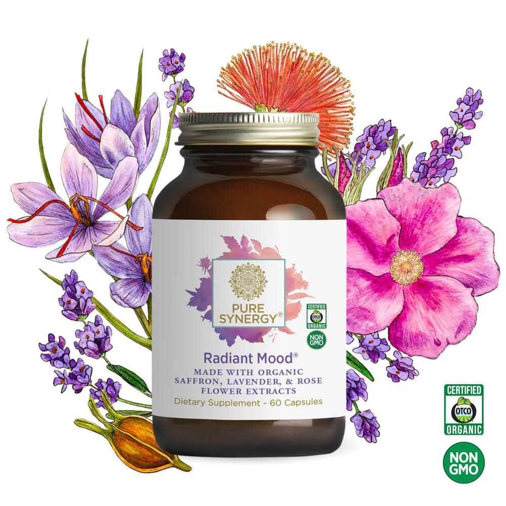 Pure Synergy Radiant Mood label with magnolia bark details for stress support.
