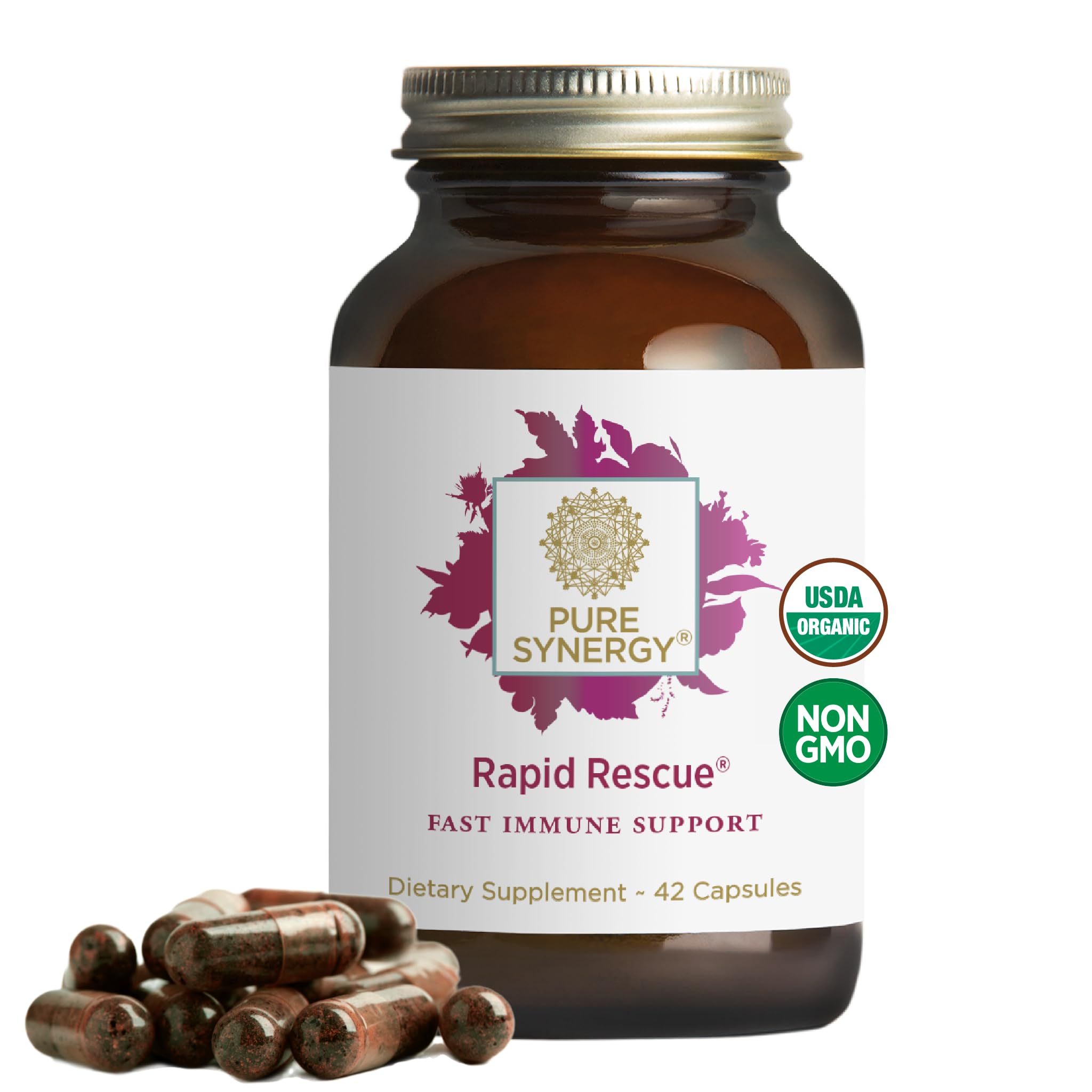PURE SYNERGY Rapid Rescue bottle-front for on-the-go immune support.