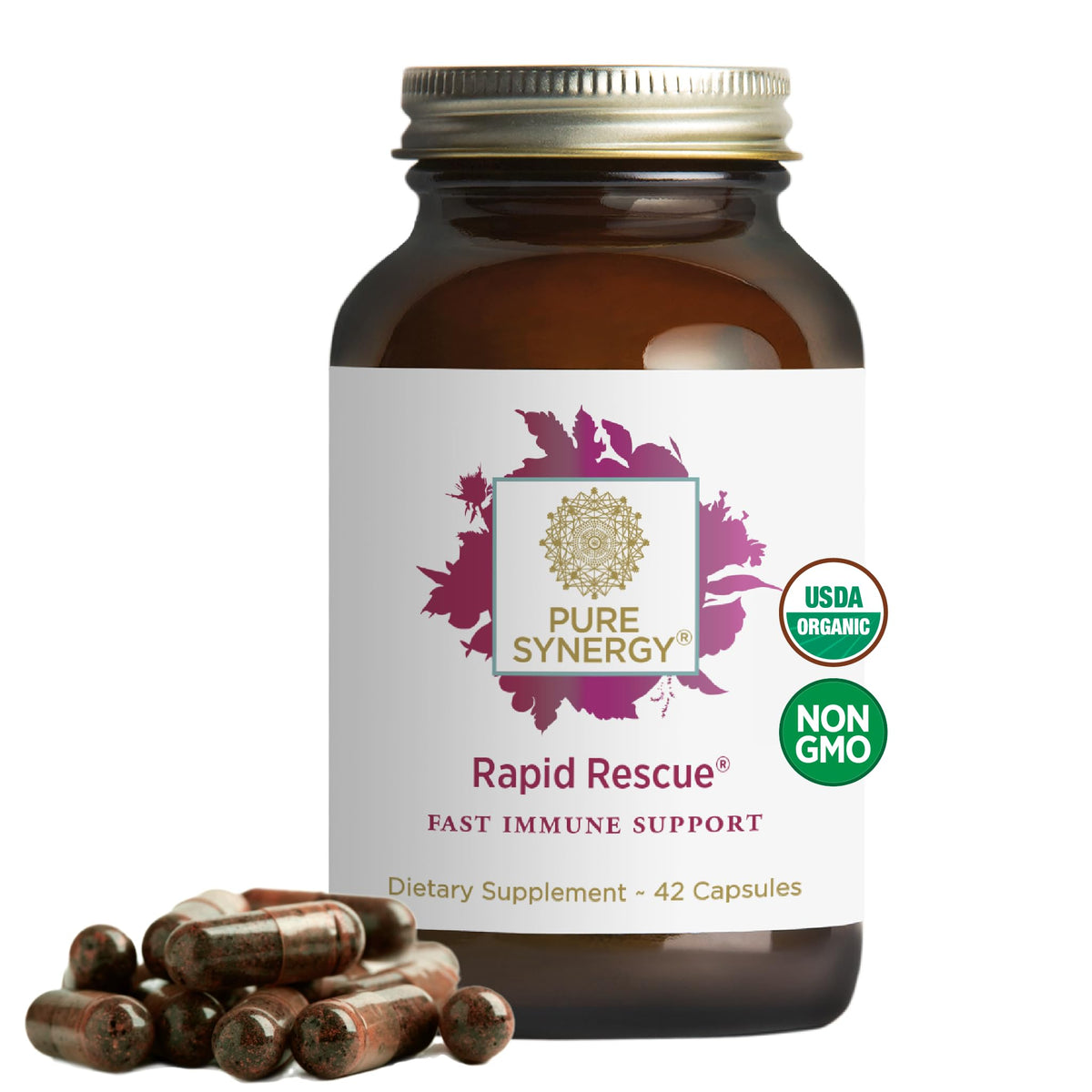 PURE SYNERGY Rapid Rescue bottle-front for on-the-go immune support.
