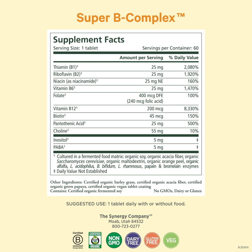 Pure Synergy Super B-Complex label close-up showing organic vitamins