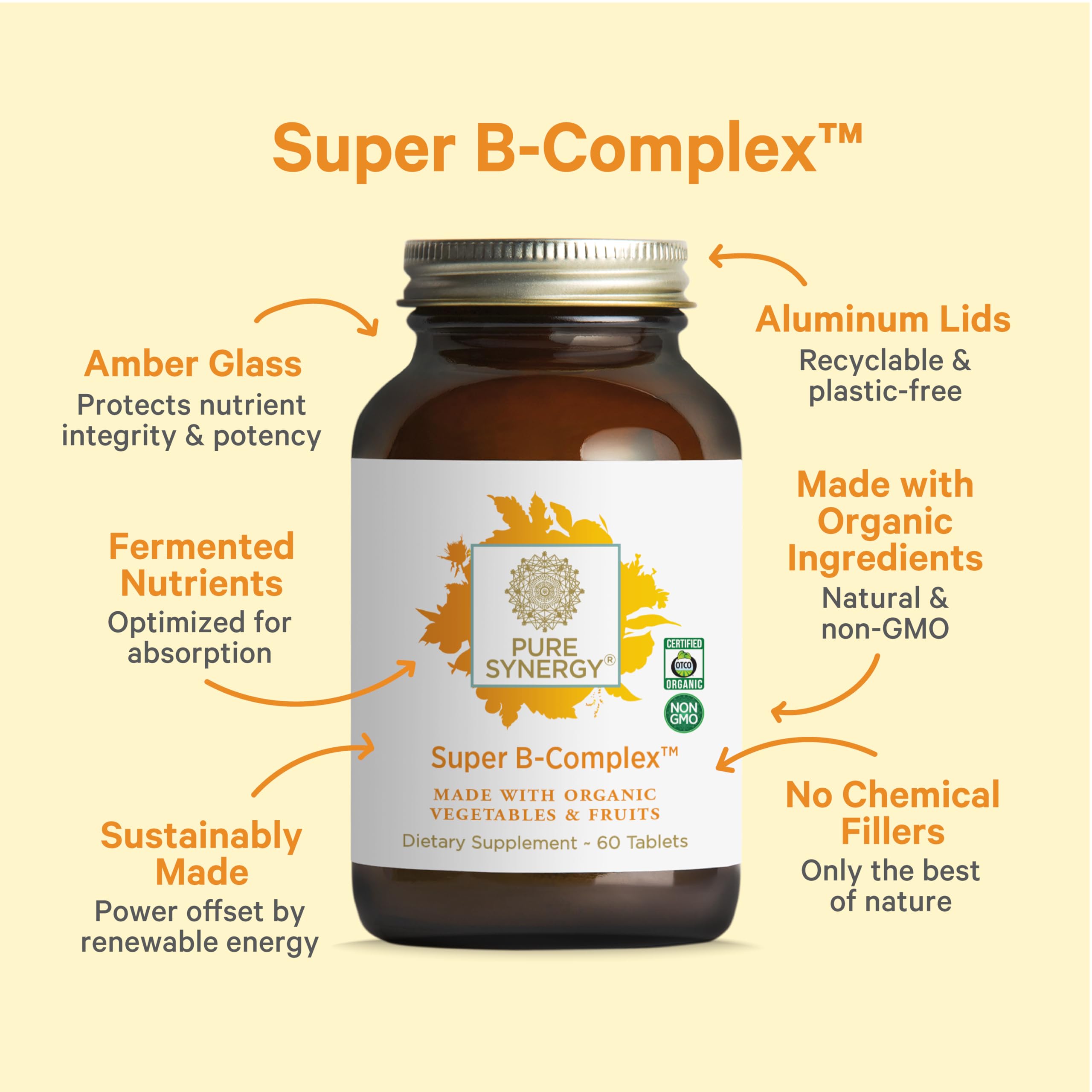 PURE SYNERGY Super B-Complex tablets close-up with golden color