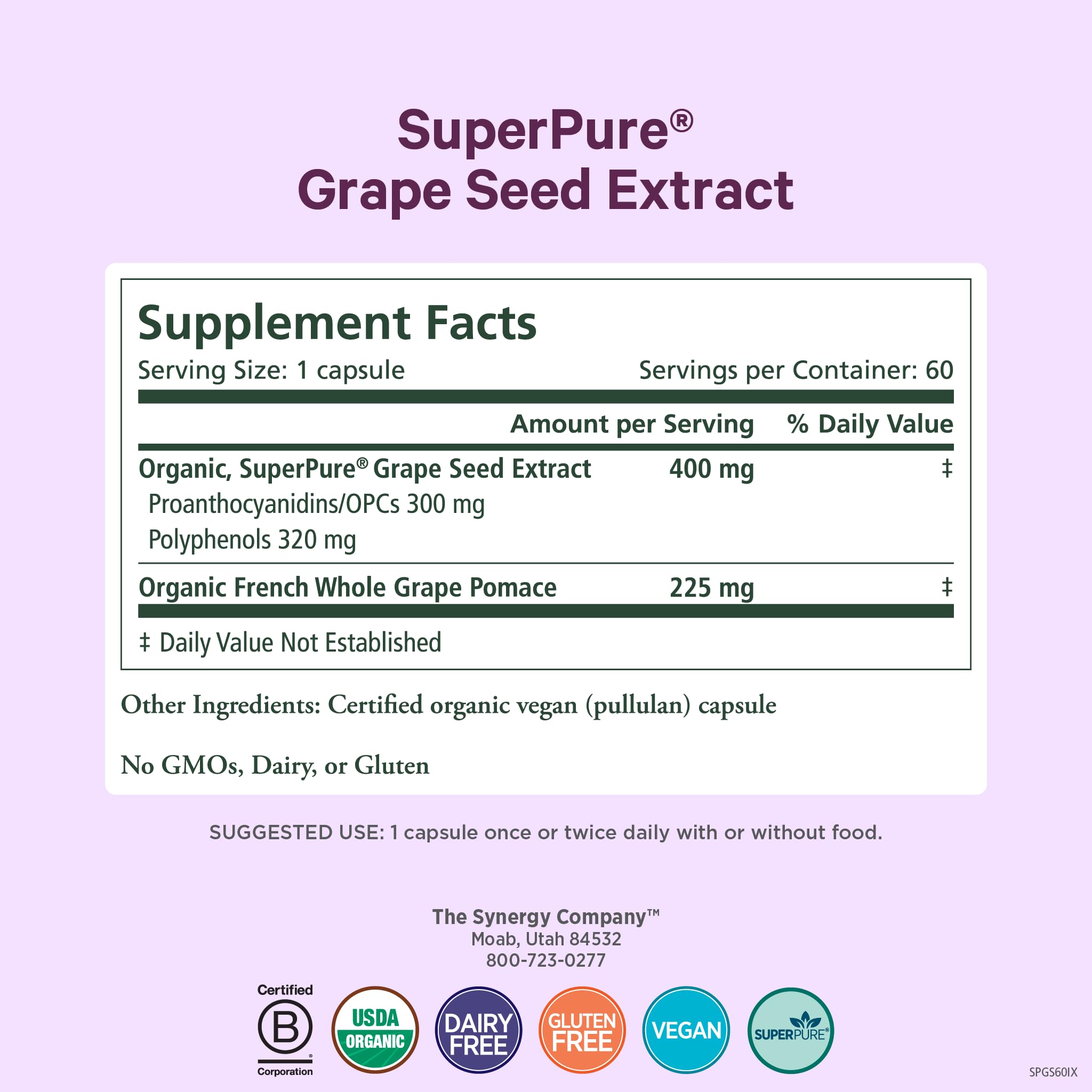 Pure Synergy SuperPure capsules; convenient daily grape polyphenol supplement.