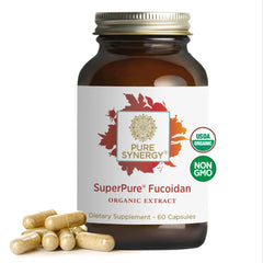 Pure Synergy SuperPure fucoidan bottle prepared for daily wellness.
