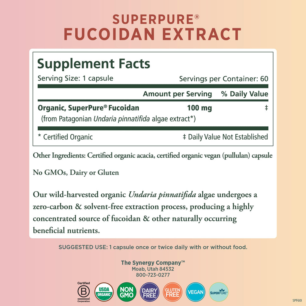Pure Synergy fucoidan label close-up highlighting organic seaweed origin.
