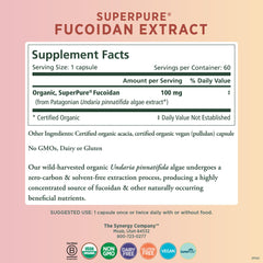 Pure Synergy fucoidan label close-up highlighting organic seaweed origin.
