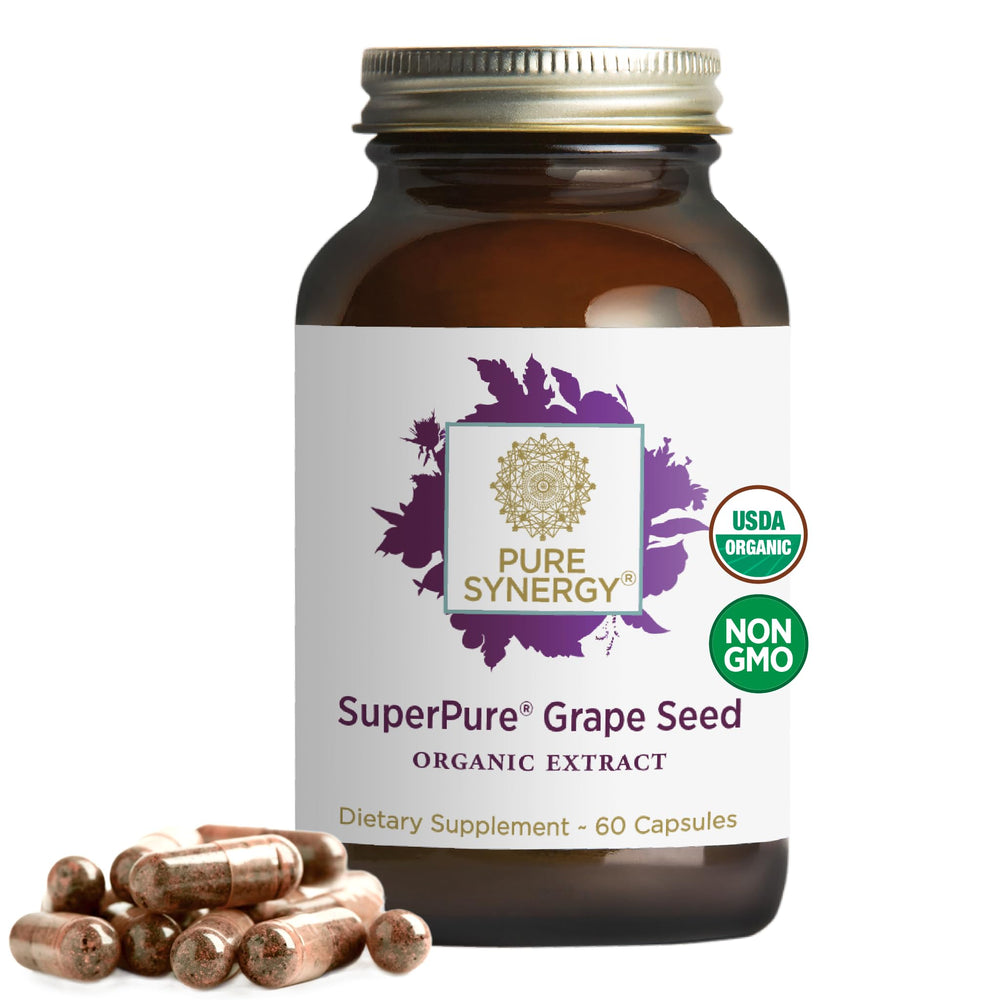 Pure Synergy SuperPure grape seed extract bottle; supports heart health and antioxidant intake.