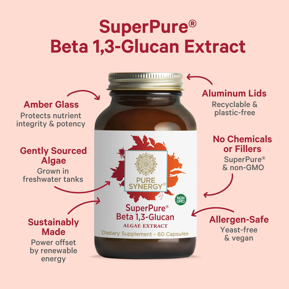 Pure Synergy SuperPure label close-up highlighting algae-based beta-glucans.