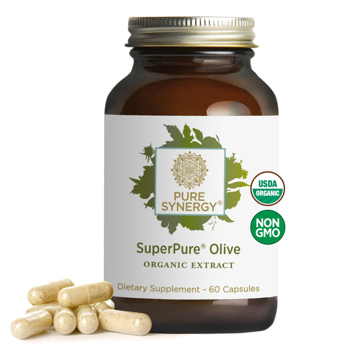 PURE SYNERGY SuperPure bottle shows organic ingredients for daily wellness.