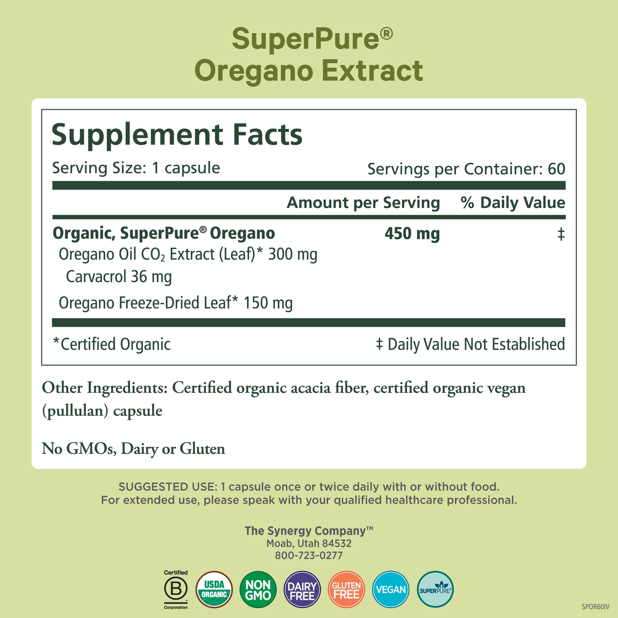 PURE SYNERGY oregano capsules pack offers convenient daily use for gut and respiratory wellness.