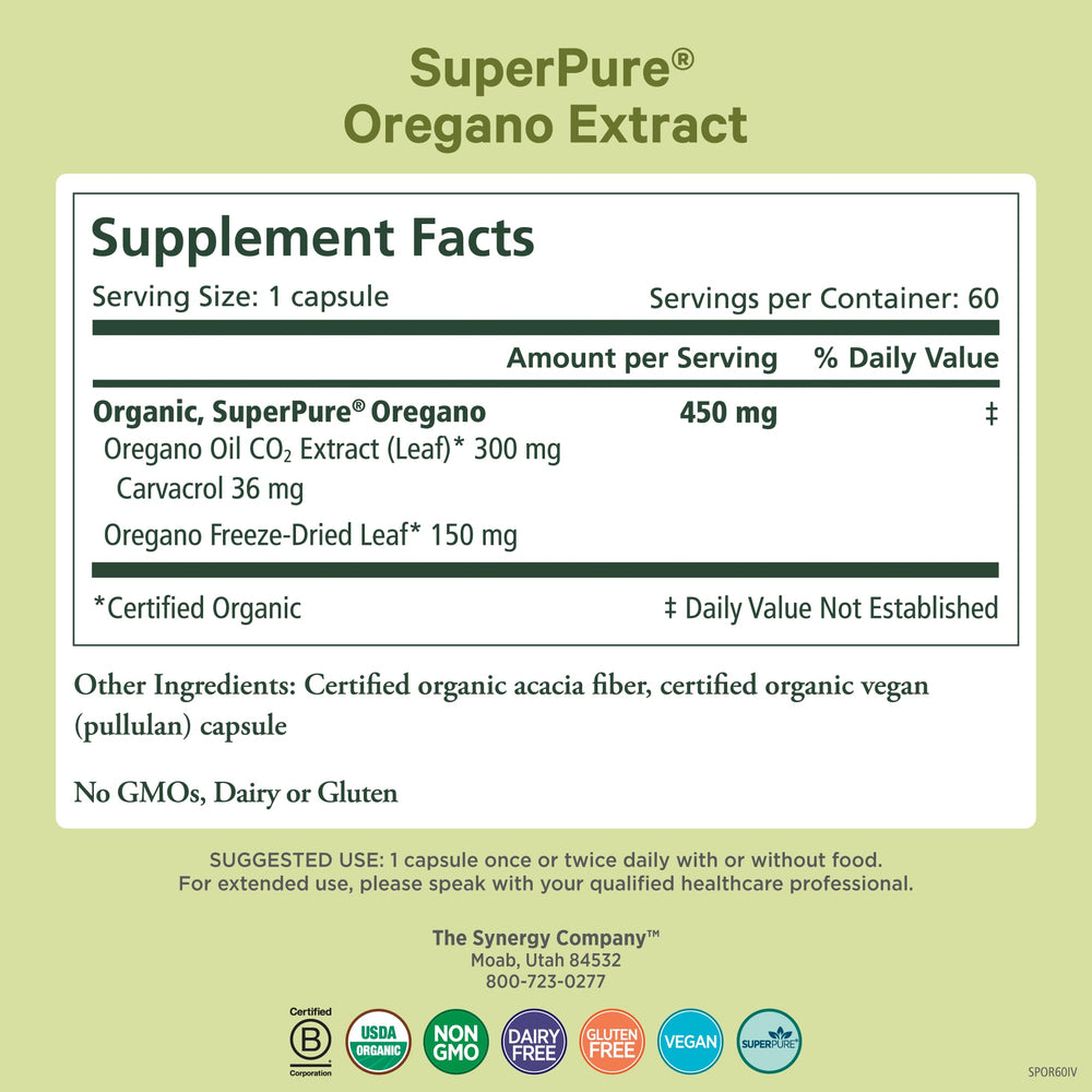 PURE SYNERGY oregano capsules pack offers convenient daily use for gut and respiratory wellness.