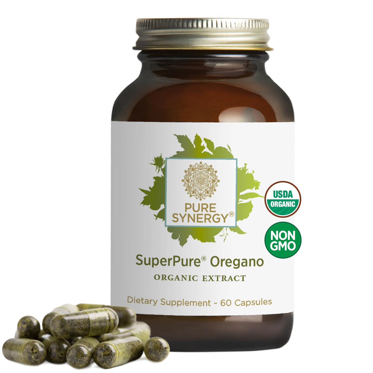 PURE SYNERGY SuperPure oregano extract bottle highlights organic formula for daily immune support.