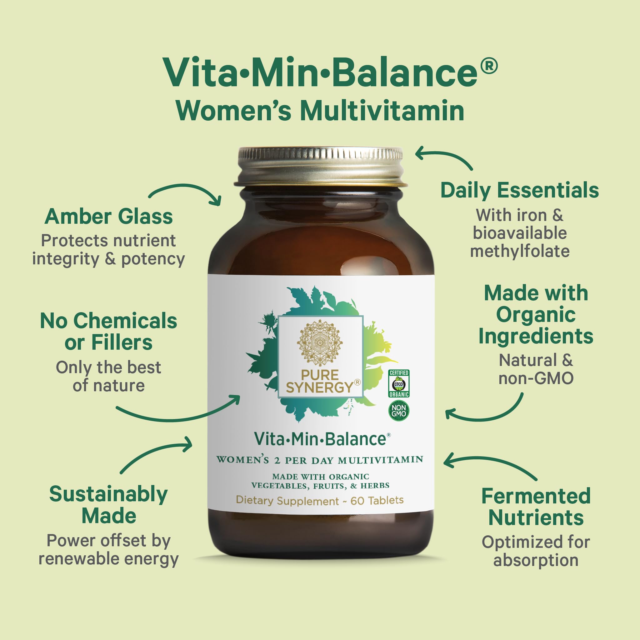 Vita-Min-Balance label highlights organic vegan gluten-free attributes