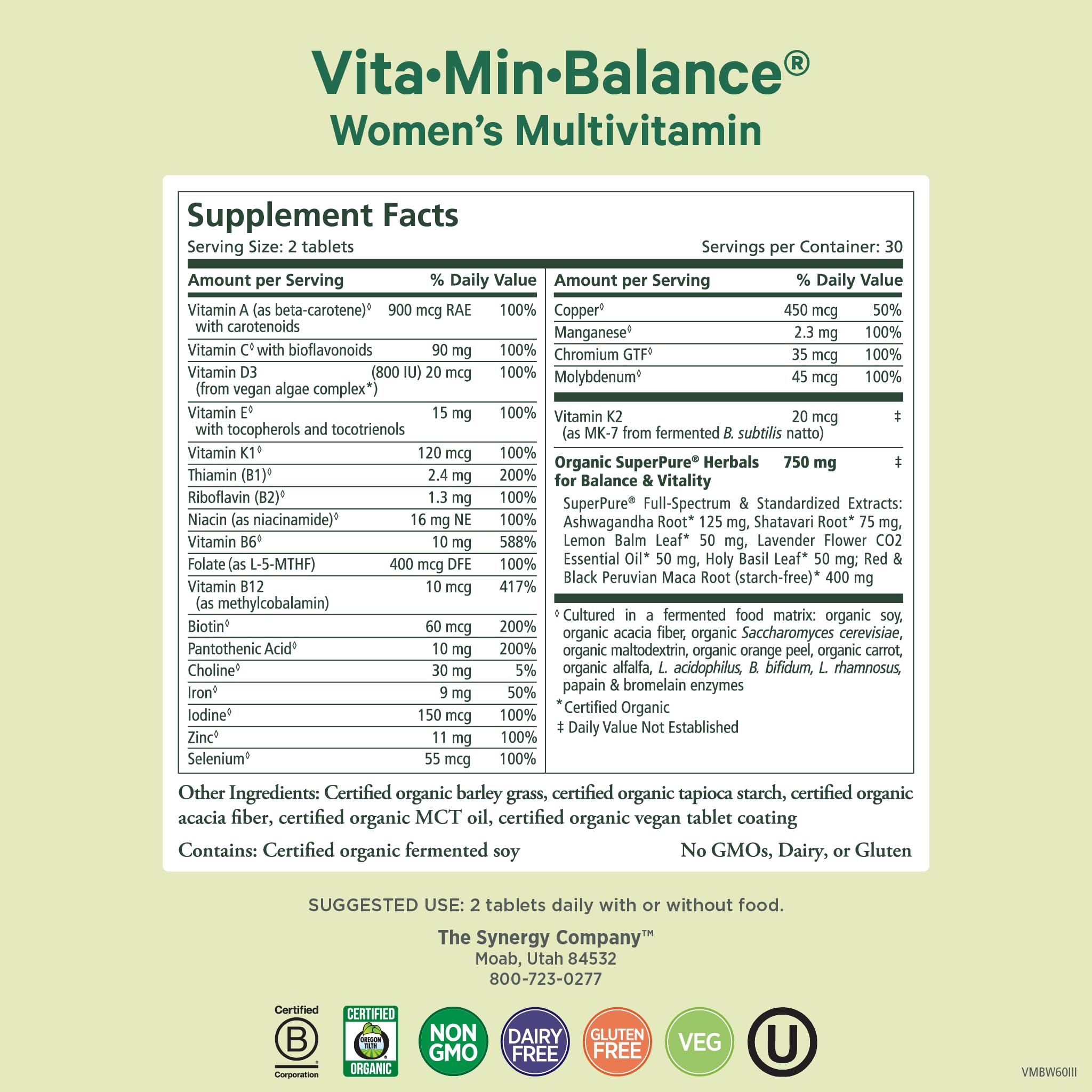 Vita-Min-Balance tablets close-up showing iron and B vitamins
