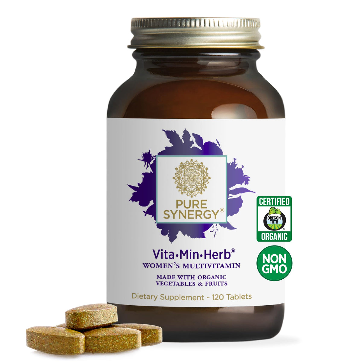 PURE SYNERGY Vita-Min-Herb bottle shows organic whole-food ingredients for daily balance.