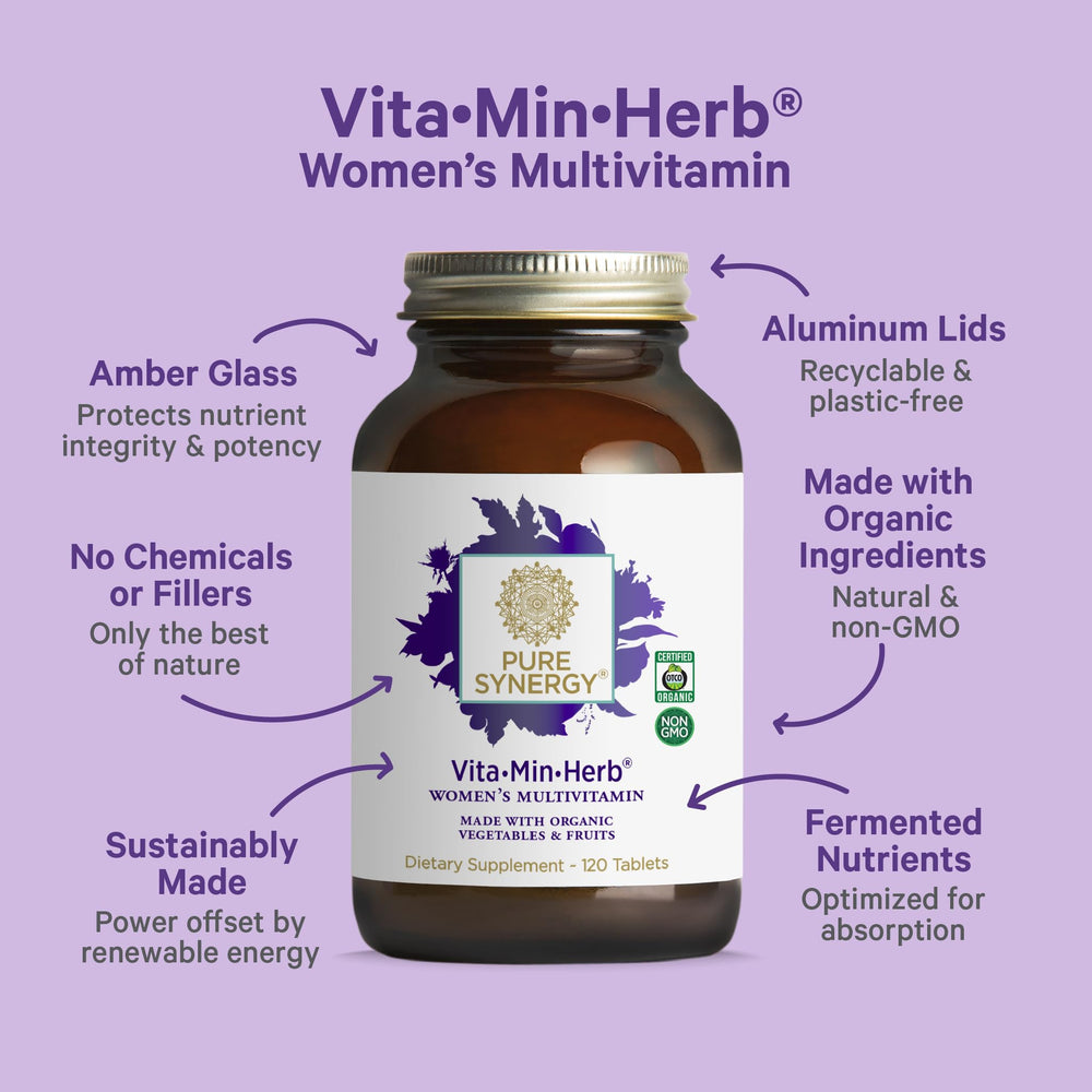 PURE SYNERGY Vita-Min-Herb daily-dose panel demonstrates easy, consistent routine.
