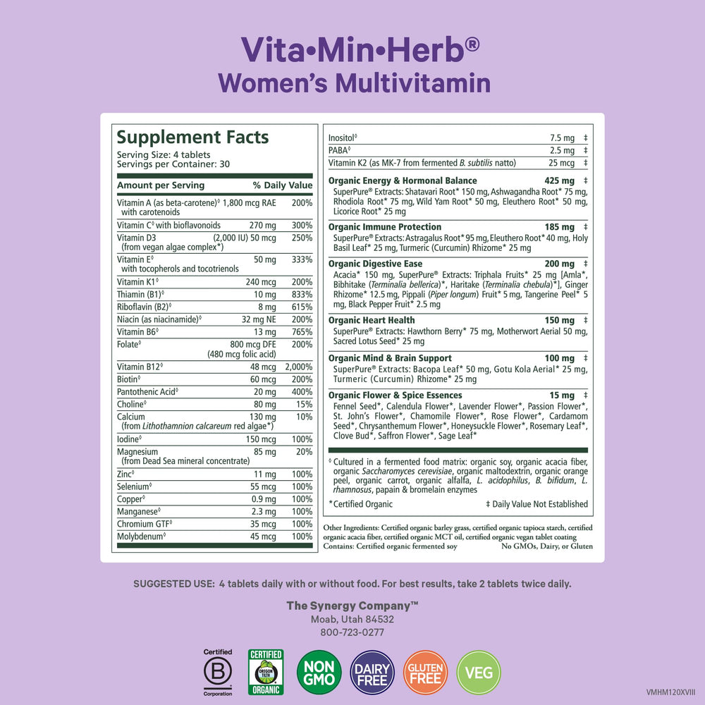 PURE SYNERGY Vita-Min-Herb label close-up highlights vitamin blends for women's daily wellness.