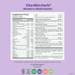 PURE SYNERGY Vita-Min-Herb label close-up highlights vitamin blends for women's daily wellness.