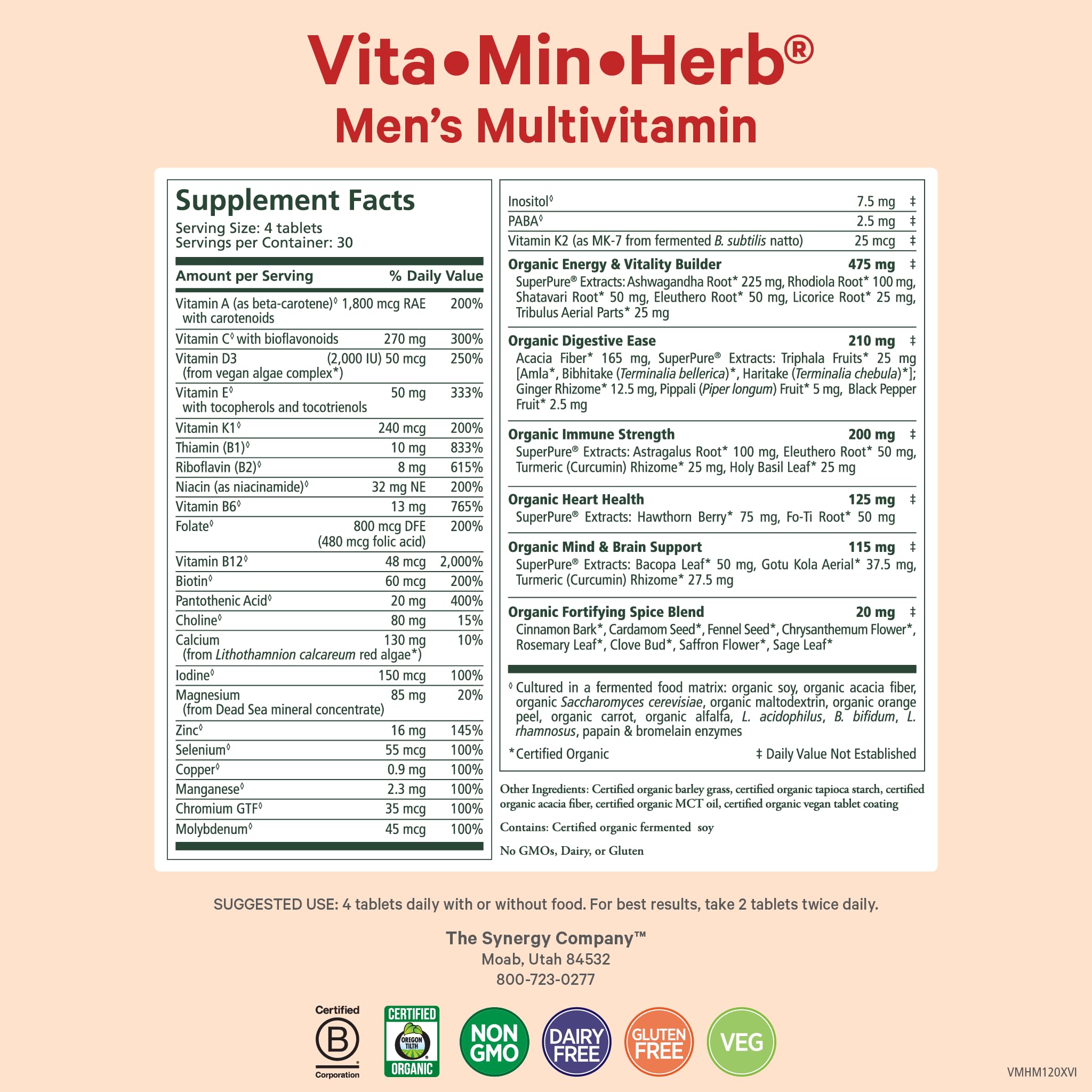 Pure Synergy Vita-Min-Herb tablets closeup showing organic herbal blends for vitality.