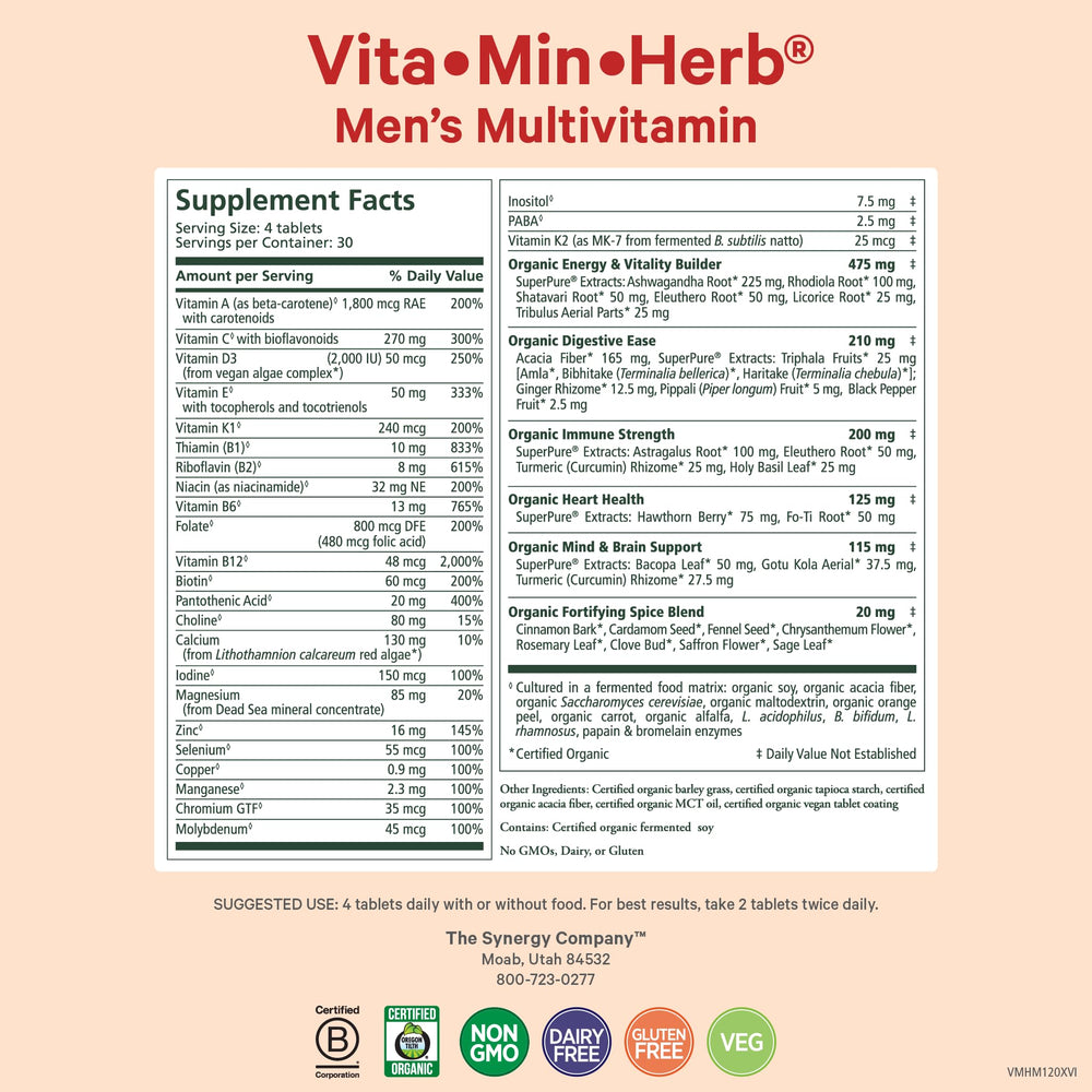Pure Synergy Vita-Min-Herb tablets closeup showing organic herbal blends for vitality.