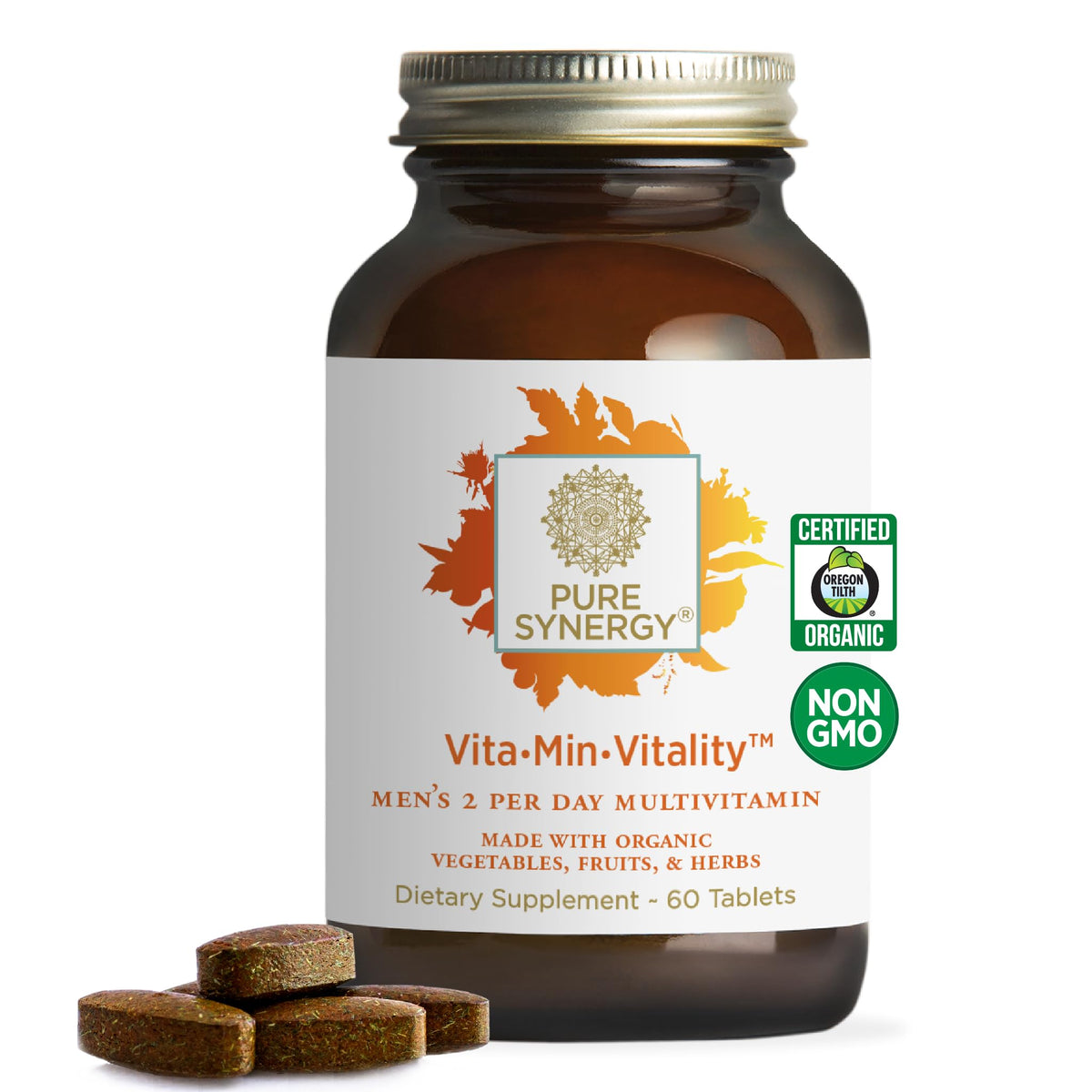 Pure Synergy Vita-Min-Vitality bottle front for daily energy and immune support.