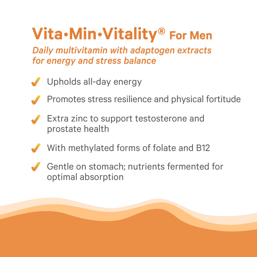 Pure Synergy Vita-Min-Vitality bottle with water indicating simple daily intake.