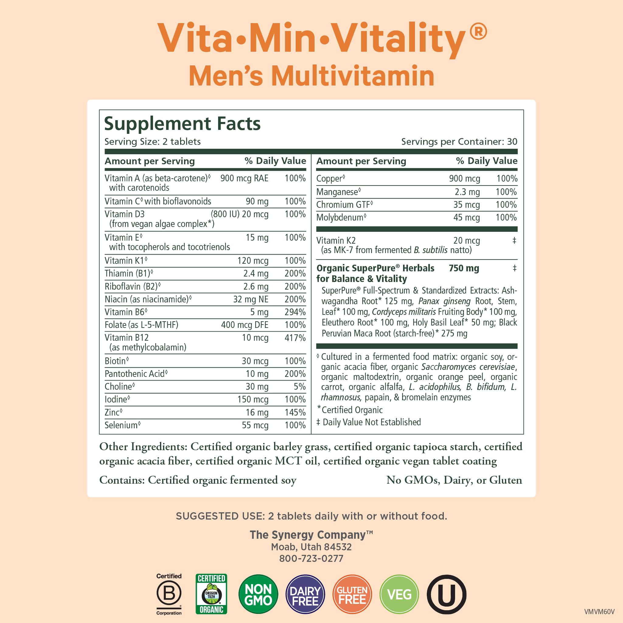 Pure Synergy Vita-Min-Vitality label closeup highlighting organic whole foods.
