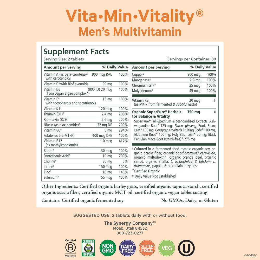 Pure Synergy Vita-Min-Vitality label closeup highlighting organic whole foods.