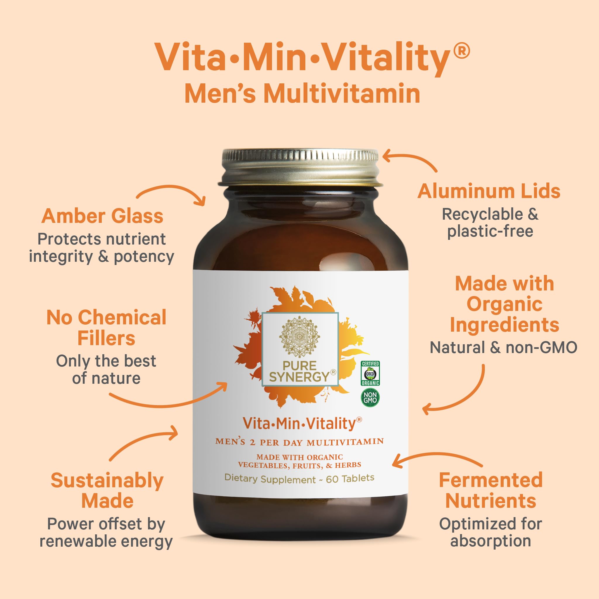 Pure Synergy Vita-Min-Vitality tablets closeup for easy daily supplementation.