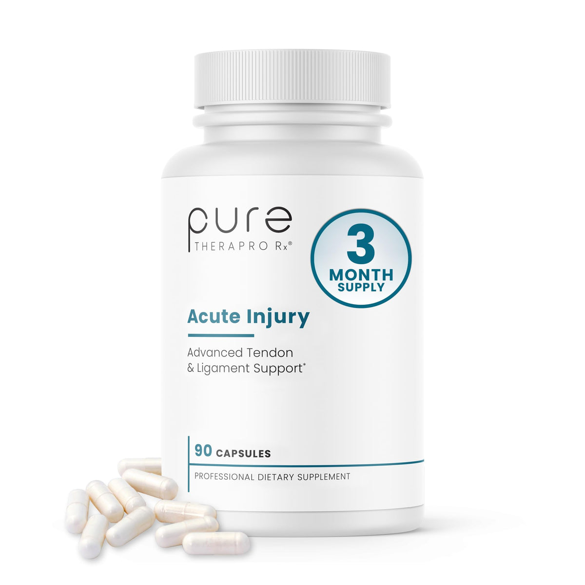 Pure Therapro Rx Acute Injury bottle shown for tendon health support and recovery potential.