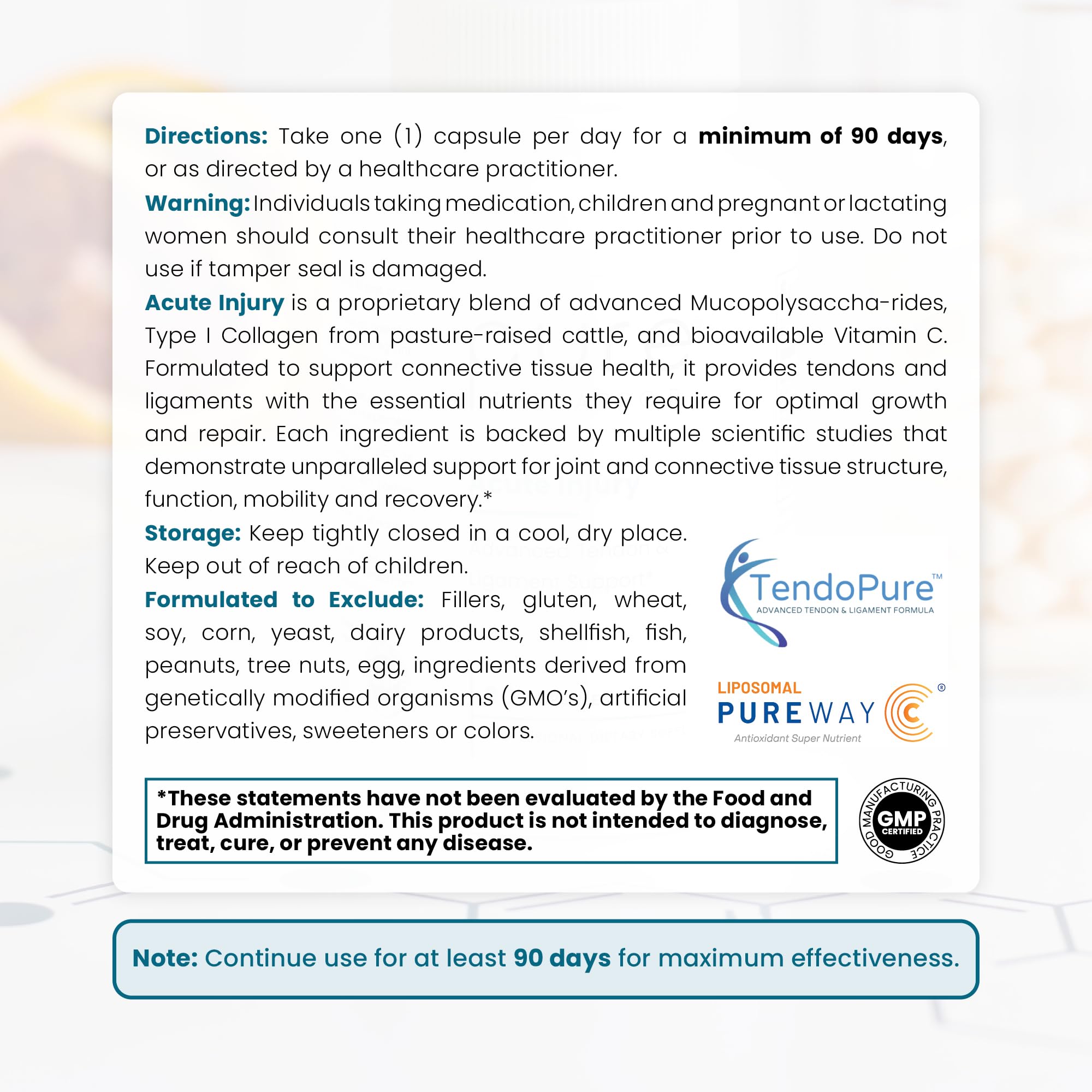 Label close-up of Pure Therapro Rx Acute Injury with pharma-grade, allergen-friendly formula.