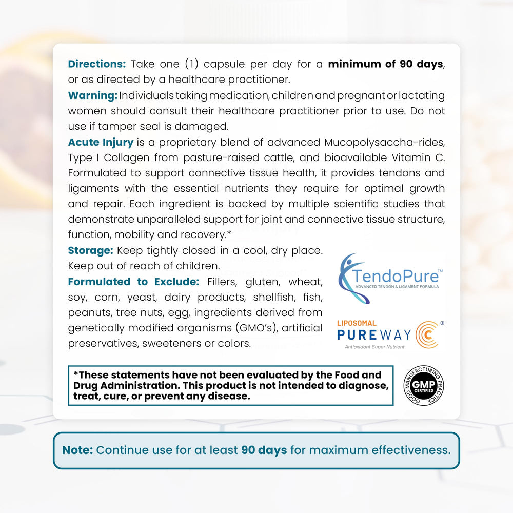 Label close-up of Pure Therapro Rx Acute Injury with pharma-grade, allergen-friendly formula.