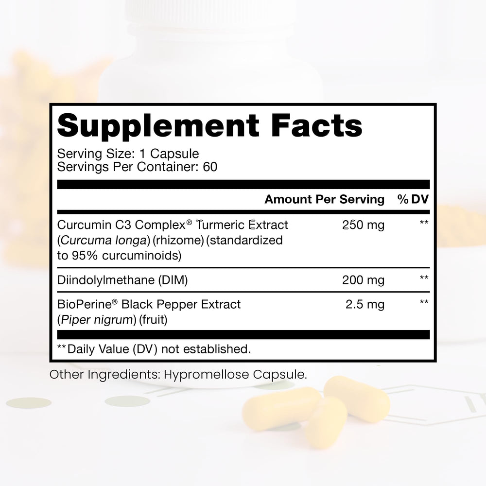 Back label highlights ingredients DIM, Curcumin, BioPerine for absorption
