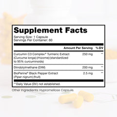 Back label highlights ingredients DIM, Curcumin, BioPerine for absorption