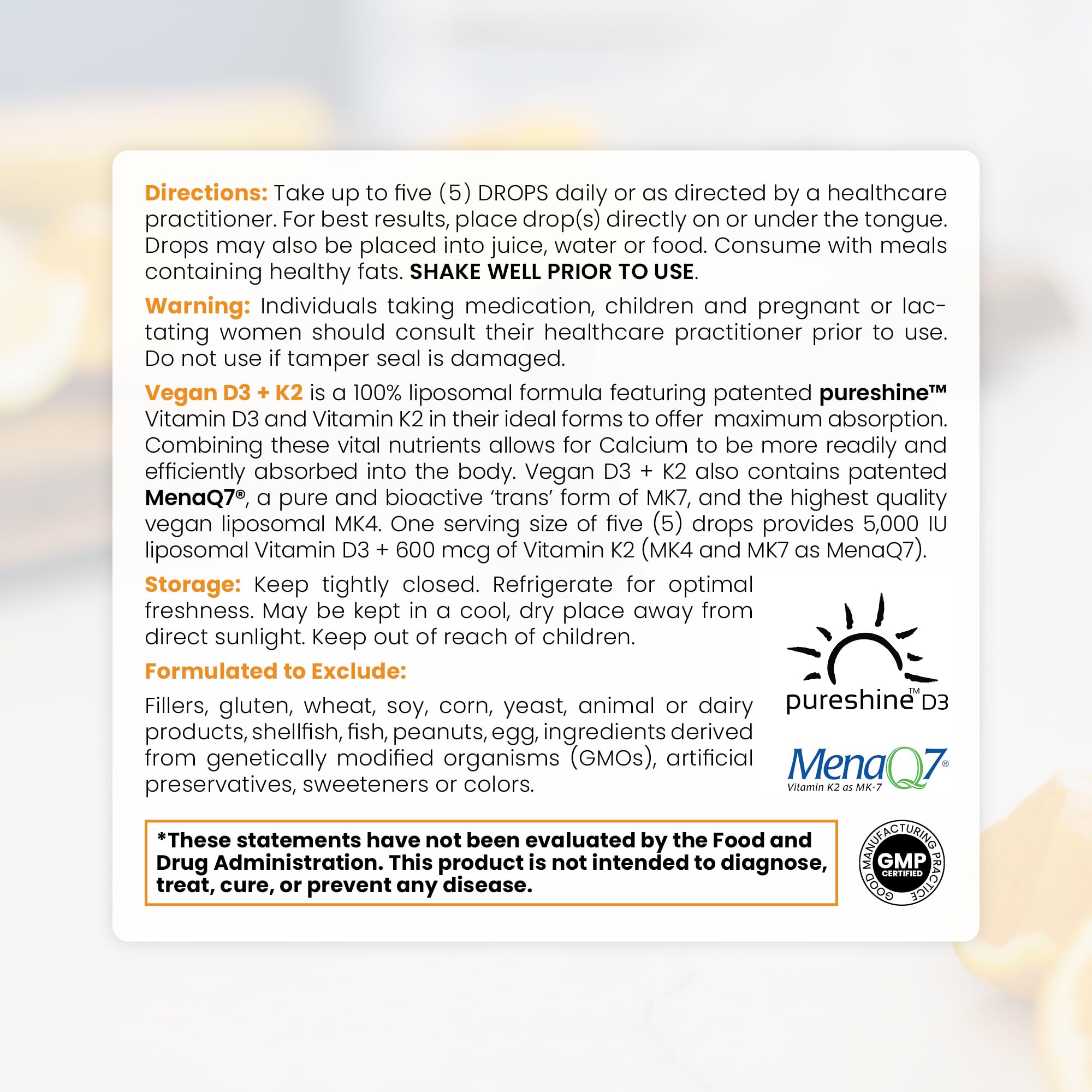 Closeup of bottle label emphasizing 100% liposomal nutrients with no fillers