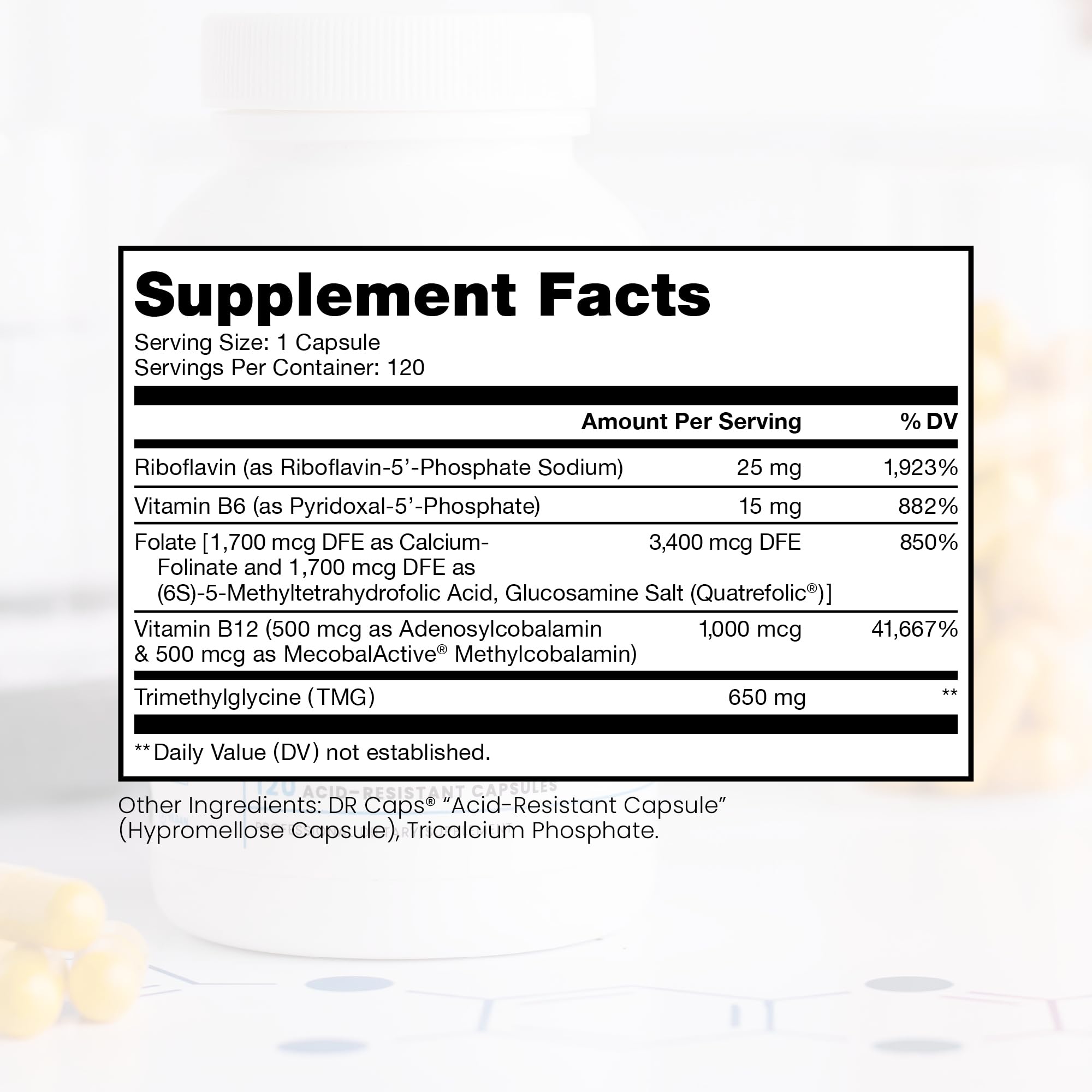 Pure Therapro Rx Methylated B Complex bottle back with dosage and ingredients.