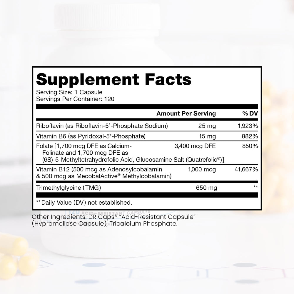 Pure Therapro Rx Methylated B Complex bottle back with dosage and ingredients.