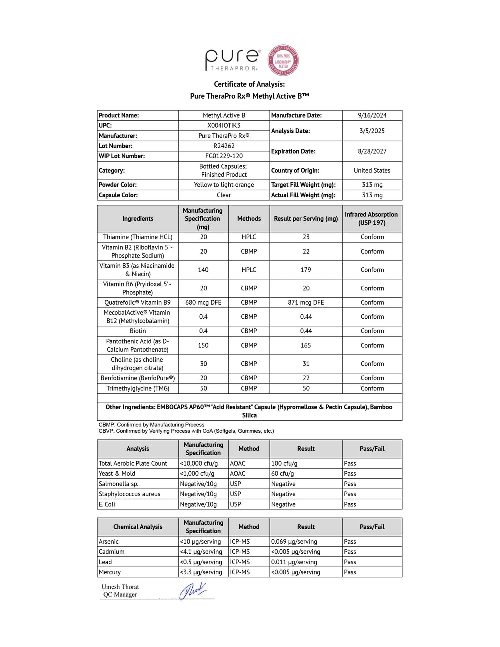 Pure Therapro Rx ingredients close-up showcasing methylated vitamins and bioactive cofactors