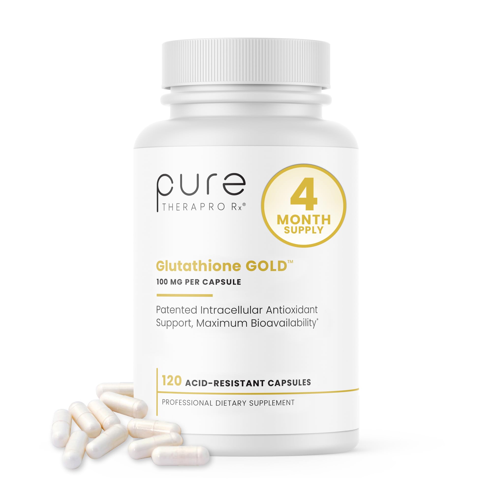 Pure Therapro Rx S-Acetyl Glutathione Gold bottle for premium antioxidant support.
