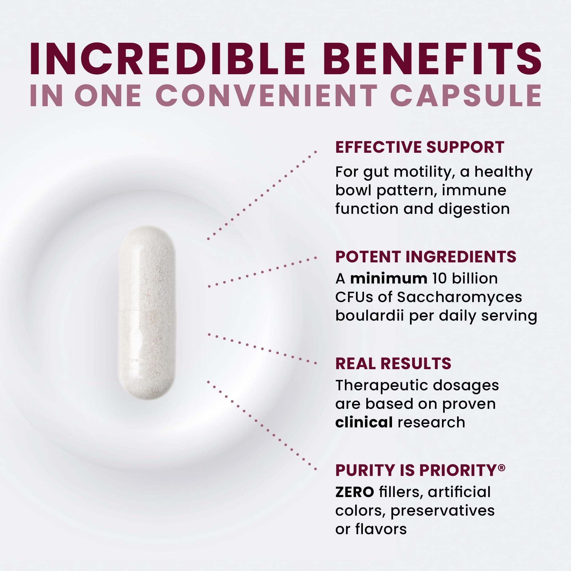 Room-temperature stability of Pure TheraPro Rx Saccharomyces Boulardii for easy storage.