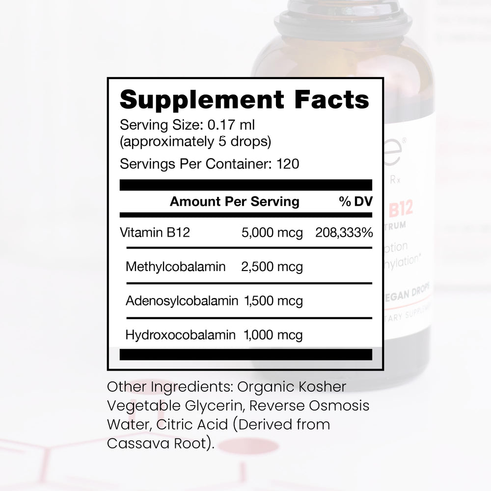 Pure Therapro Rx vegan B12 bottle shows methylcobalamin for energy and nerves.