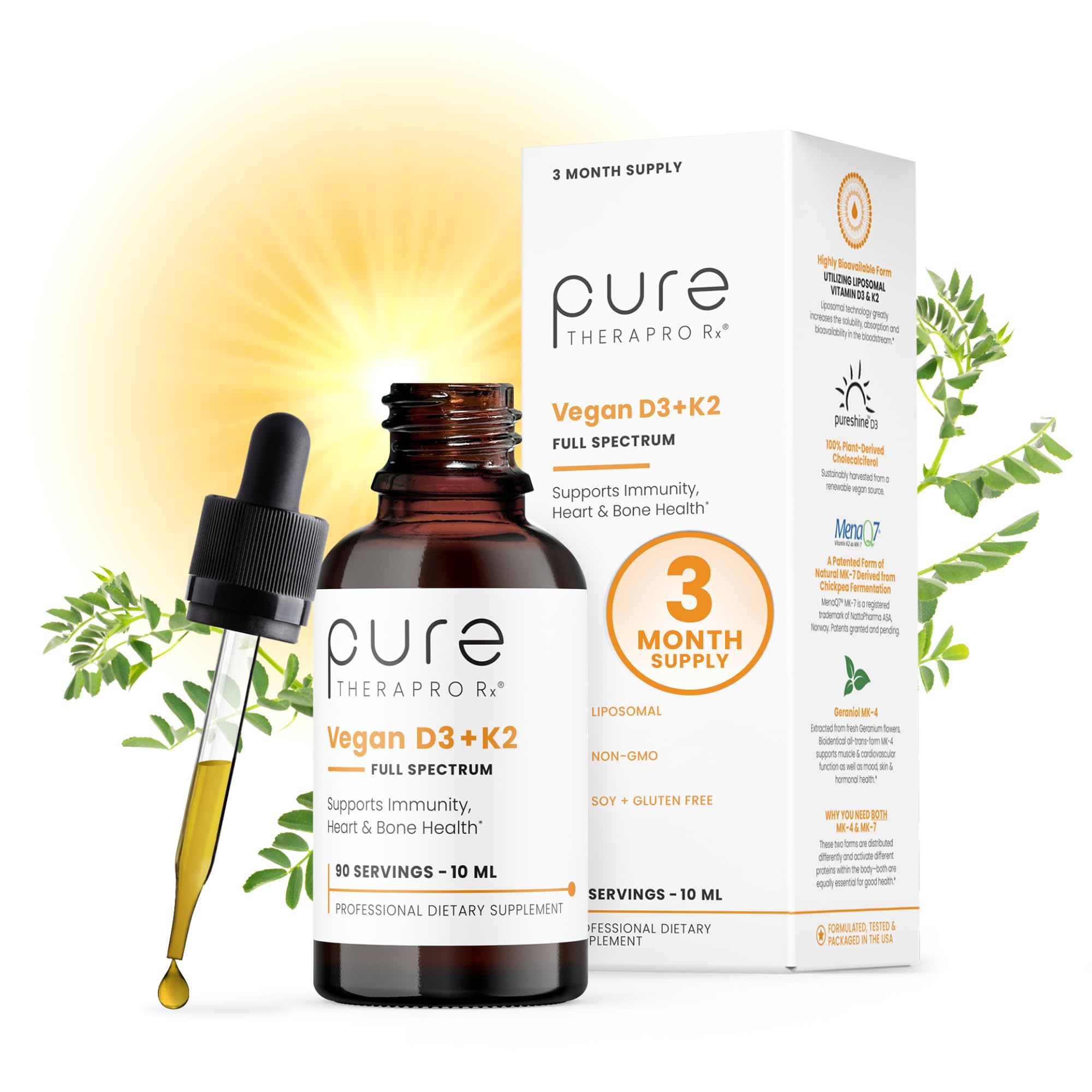 Pure Therapro Rx vegan D3 + K2 bottle highlights liposomal formula for easy absorption