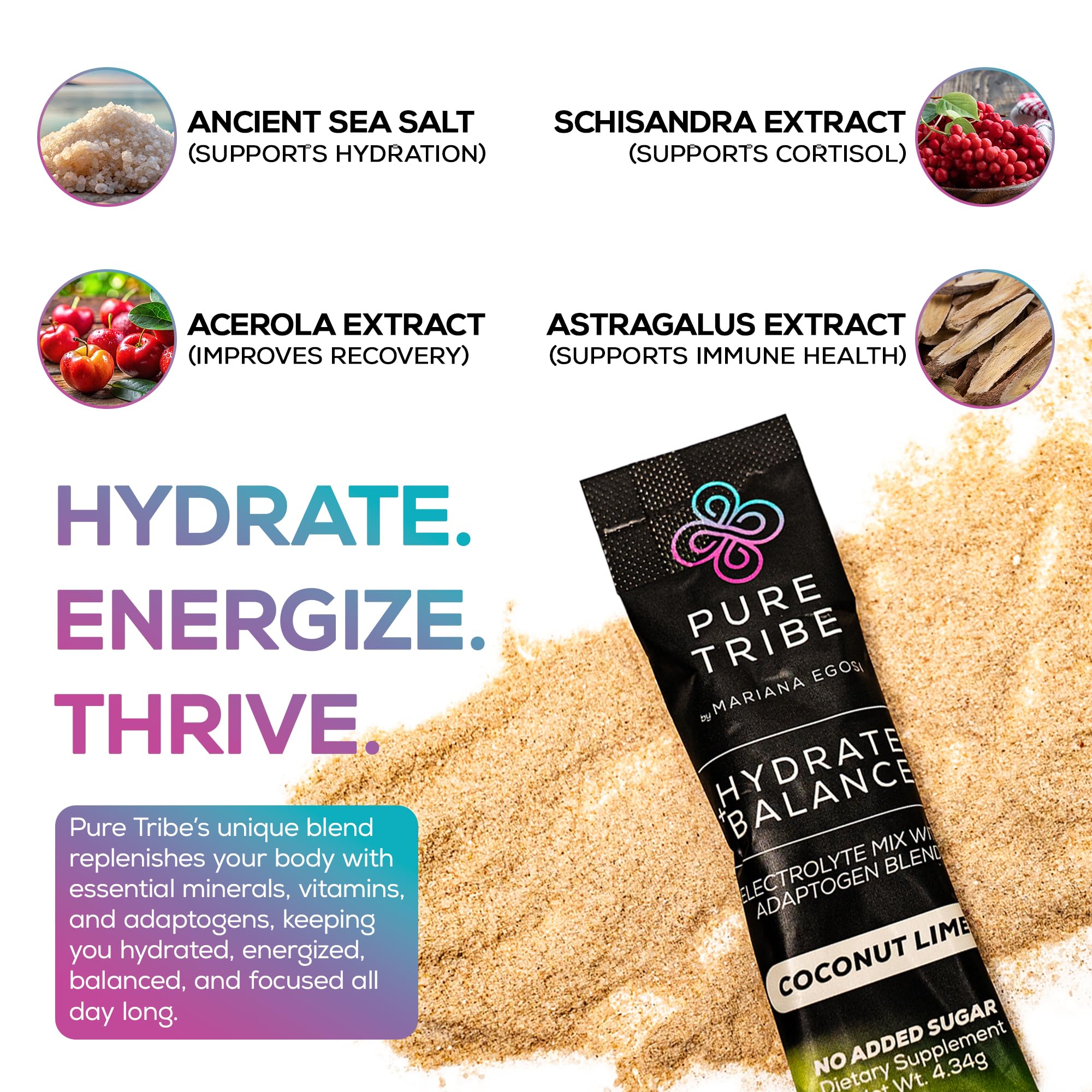 Pour PURE TRIBE Hydrate + Balance into 16 oz water for a refreshing coconut lime drink